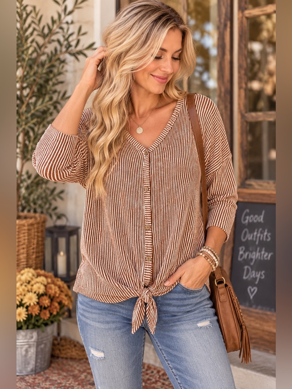 Gyft Striped Tie Front Top Size M Rust Cream V Neck 3/4 Sleeve Boho